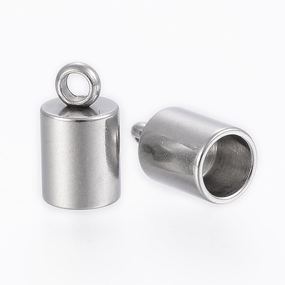 Resistant 201 Stainless Steel Cord Ends End Caps Column Stainless Steel color 9x5mm Hole: 2mm Inner Diameter: 4mm
