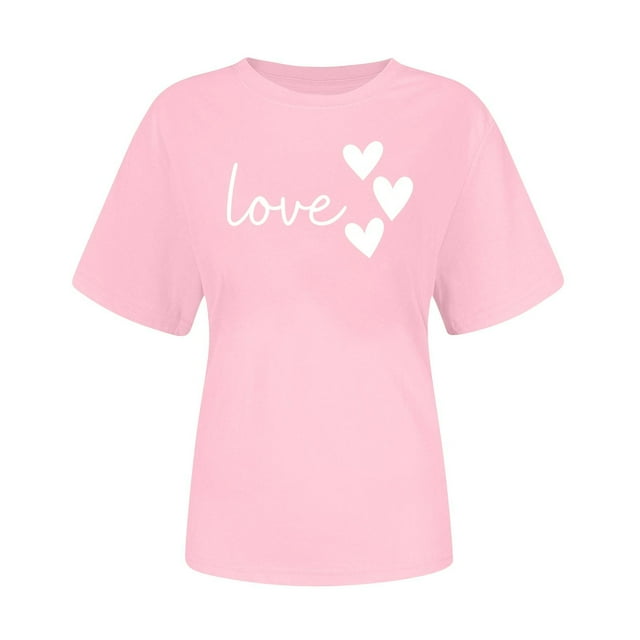 Floleo Blouse à Col Rond à Manches Courtes pour Femmes, Tendance, à Thème Cœur, Graphique, Légère, Respirante, Tenue Décontractée (Rose, M)