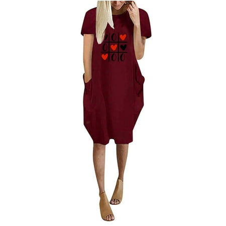 

jsaierl Summer Dress Women 2023 Casual Print Dress Elegant Short Sleeve Midi Dress Loose Crew Neck Boho Dress