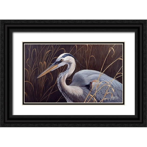 Goebel, Wilhelm 14x10 Black Ornate Wood Framed with Double Matting Museum Art Print Titled - Great Blue Heron