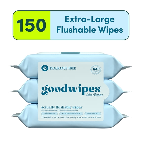 goodwipes Flushable Butt Wipes, Fragrance-Free, 3 Pack, 150 Total XL Wipes