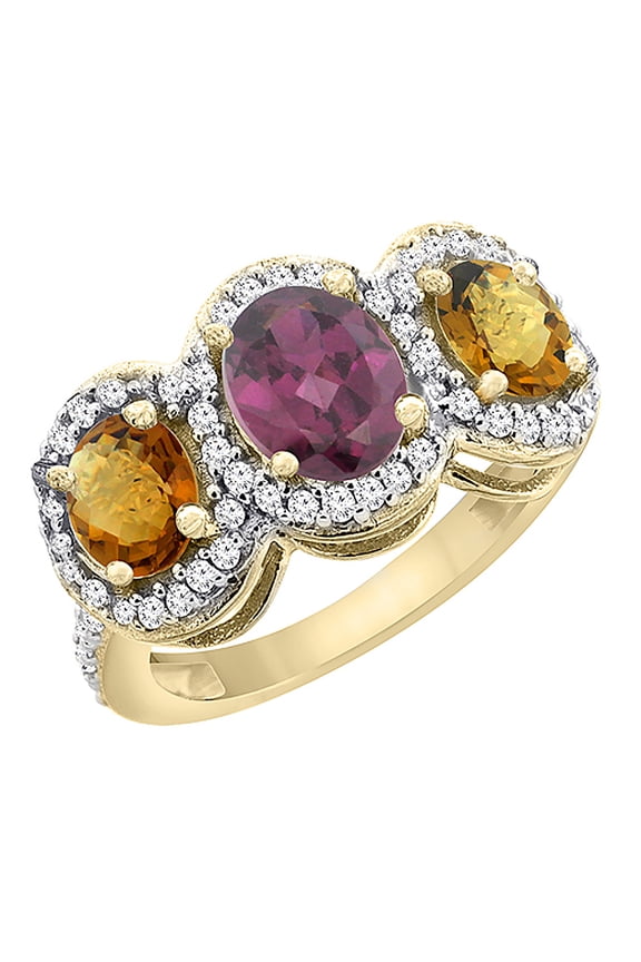 14K Yellow Gold Natural Rhodolite & Whisky Quartz 3-Stone Ring Oval Diamond Accent, size 7.5