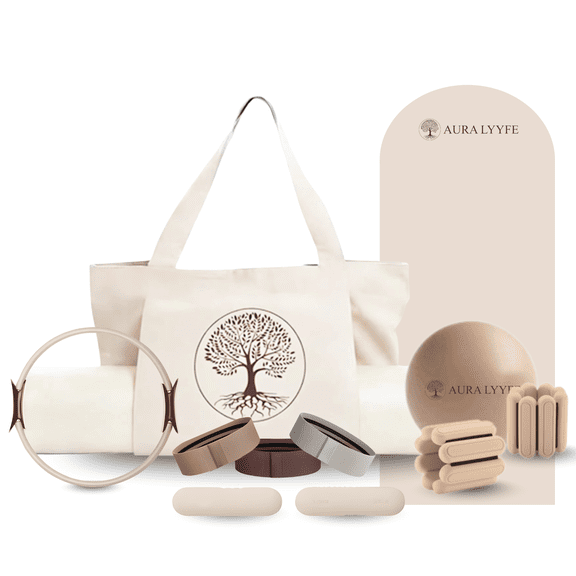 Aura Lyyfe Pilates & Yoga Kit for Women – Complete at-Home Workout Set in Beige | Duffle Bag Yoga Mat 1lb Dumbbells Ankle Weights Ring Ball Resistance Bands