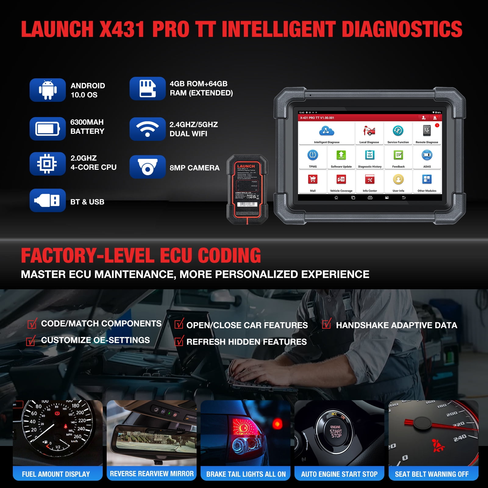 LAUNCH X431 PRO TT 2024  Bidirectional Car Scan Tool with New DBSCar VII Connector, Full System Diagnostic Scanner, CANFD DoIP, 38+ Reset, FCA AutoAuth,VAG Guide