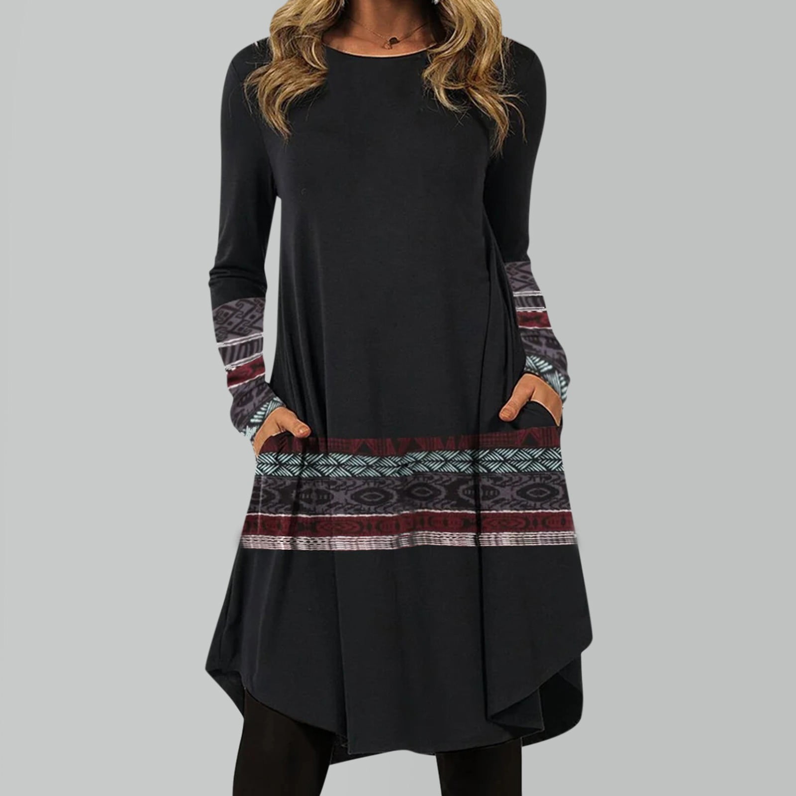 Winter Fall Womens Dresses Casual Boho Print Long Sleeve Round Neck Pullover Loose Pocket Dress - image 5