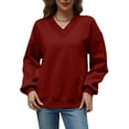 thumbnail image 2 of Womens Oversized V Neck Sweatshirt Fleece Long Sleeve Hoodies Pullover Comfy Top Outfits Wine Red XXL, 2 of 9