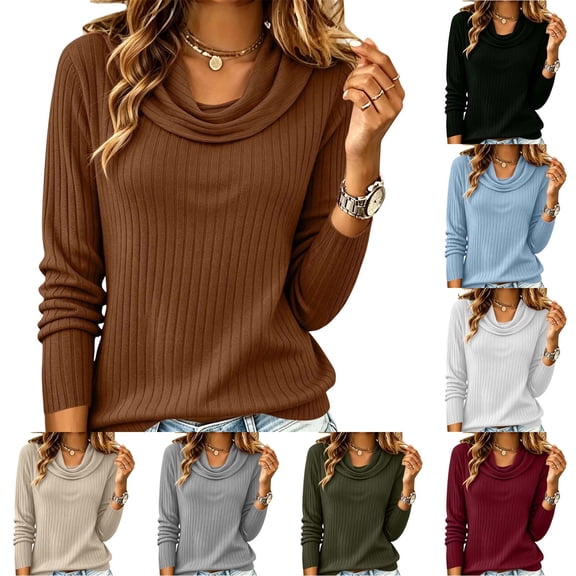 Stamzod Women's Tops Trendy Fashion Cowl Neck Long Sleeve Ribbed Shirts Dressy Casual Elegant Work Blouse