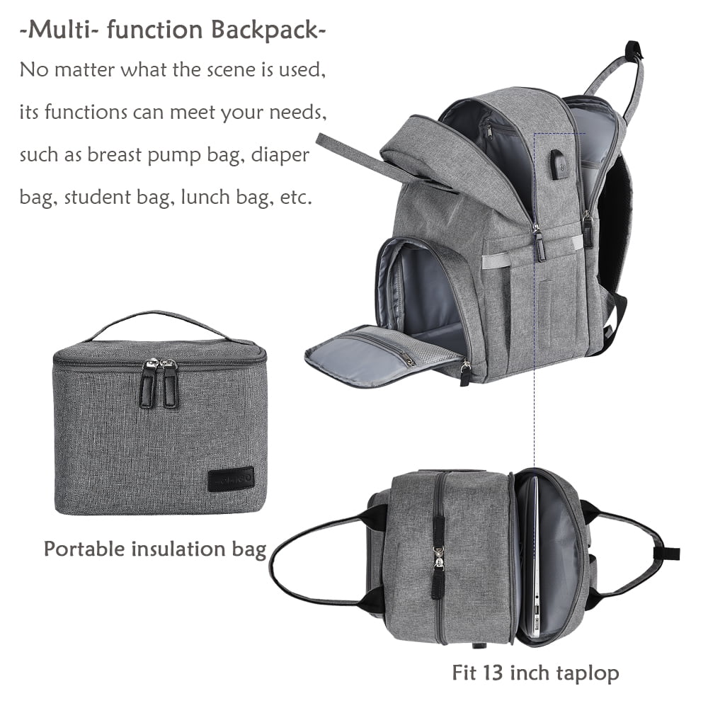 Diaper Bag Breast Pump Backpack - Double Layer for Mother with Insulation Bag Grey