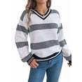 thumbnail image 2 of Womens Oversized Striped Tunic Sweaters Casual V Neck Long Sleeve Color Block Knit Pullover Jumper Tops White S, 2 of 9