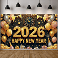 thumbnail image 6 of Gold Glitter Happy New Year Banner Golden Balloons 2026 New Year Display Vintage Clock Gift Boxes Gold New Year Backdrop for New Year Party Holiday Celebration New Year Eve, 6 of 9