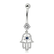 AVORA 10K White Gold Simulated Diamond CZ Dangling Hamsa Belly Button Ring Body Jewelry (14 Gauge)