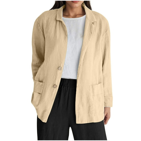 FAHXNVB Linen Blazer for Women Long Sleeve Lightweight Spring Summer Blazer Jackets with Pockets Solid Color Cardigan Jacket