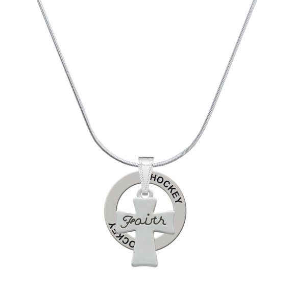Delight Jewelry Silvertone Faith Flat Cross Hockey Ring Charm Necklace, 18"