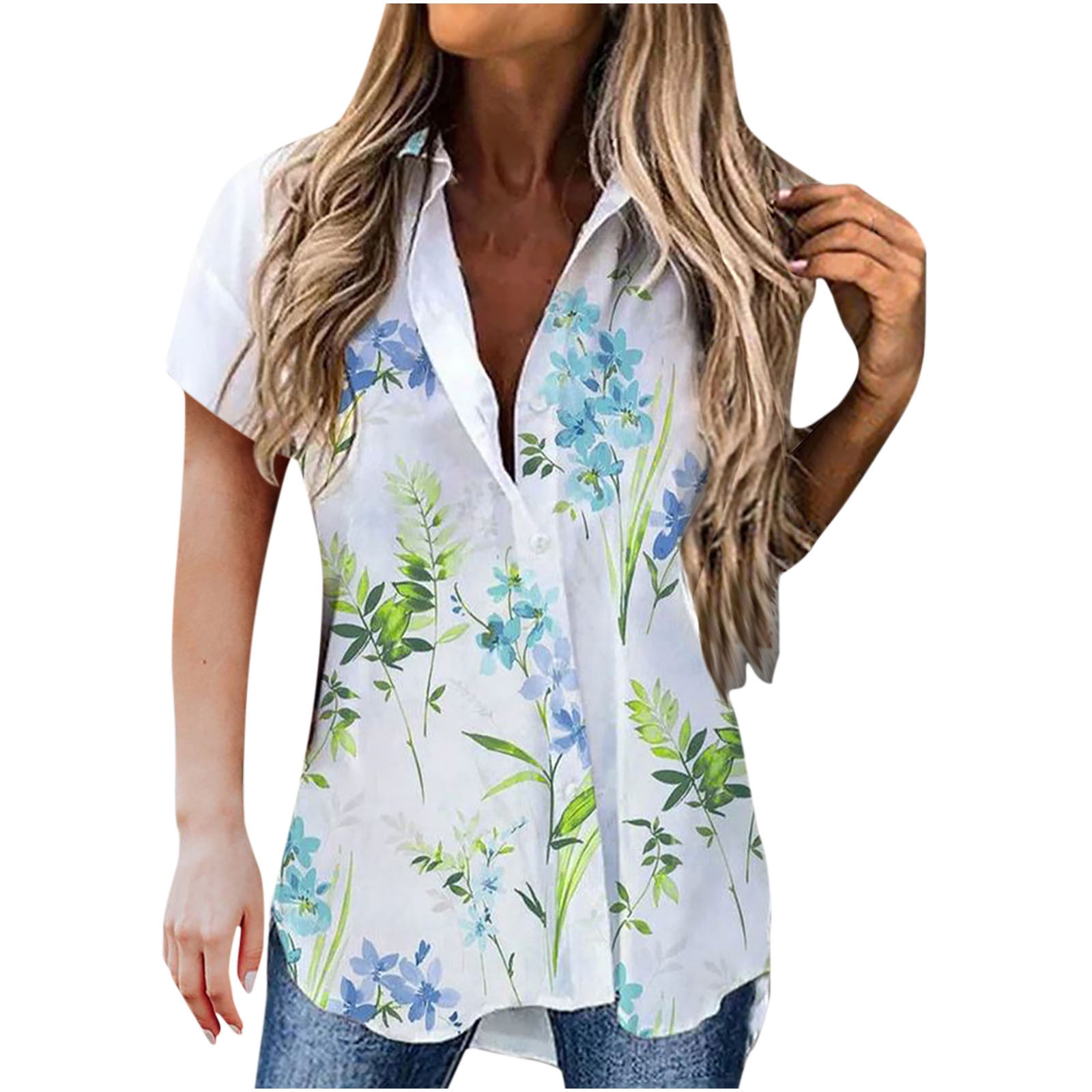 EASTHER Womens Cold Shoulder Floral Print Shirt Short Sleeve Casual Loose Tunic Tops 