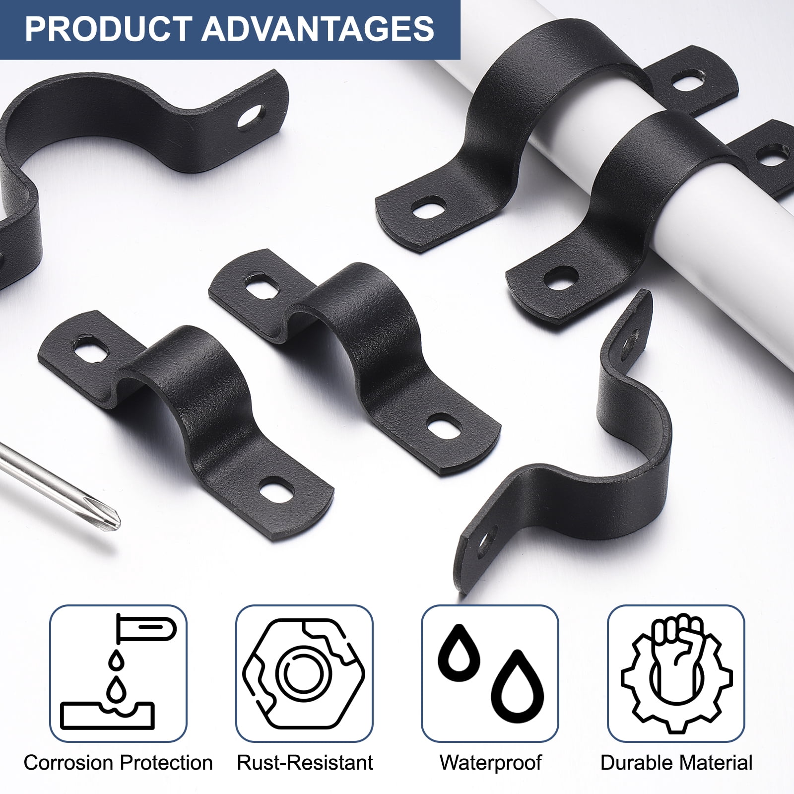 12Pack Metal Pipe Clamps, 3/4 Inch Carbon Steel Two Hole Strap U Bracket Tube Clip Conduit Clamps for Pipe Fixing Wire Cord Installation Decorating, Black