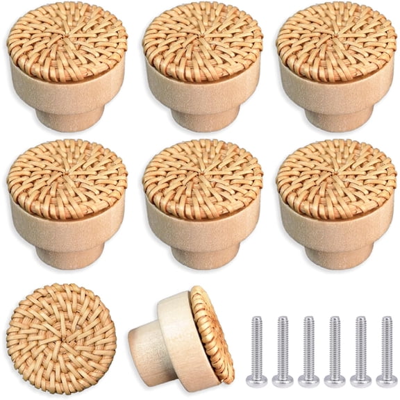 6 Pack Boho Rattan Dresser Knobs Wood Drawer Knobs Handmade Woven Boho Wicker Knobs for Cabinets Dresser Handles Hardware Pulls Kitchen Cabinet Knobs Boho Wood Furniture Knobs (Rattan)