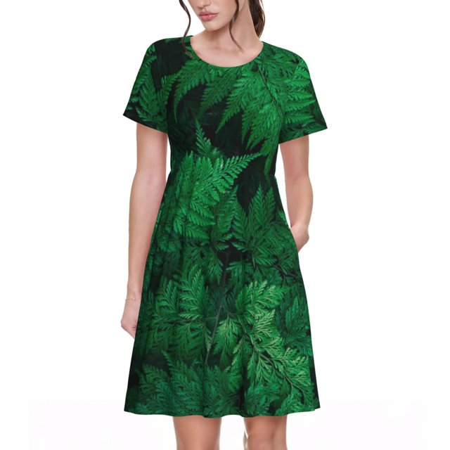 Balery Green Leave Fern Vestidos sueltos de manga corta para mujer, vestidos de verano 2025, vestidos casuales de corte A con vuelo.