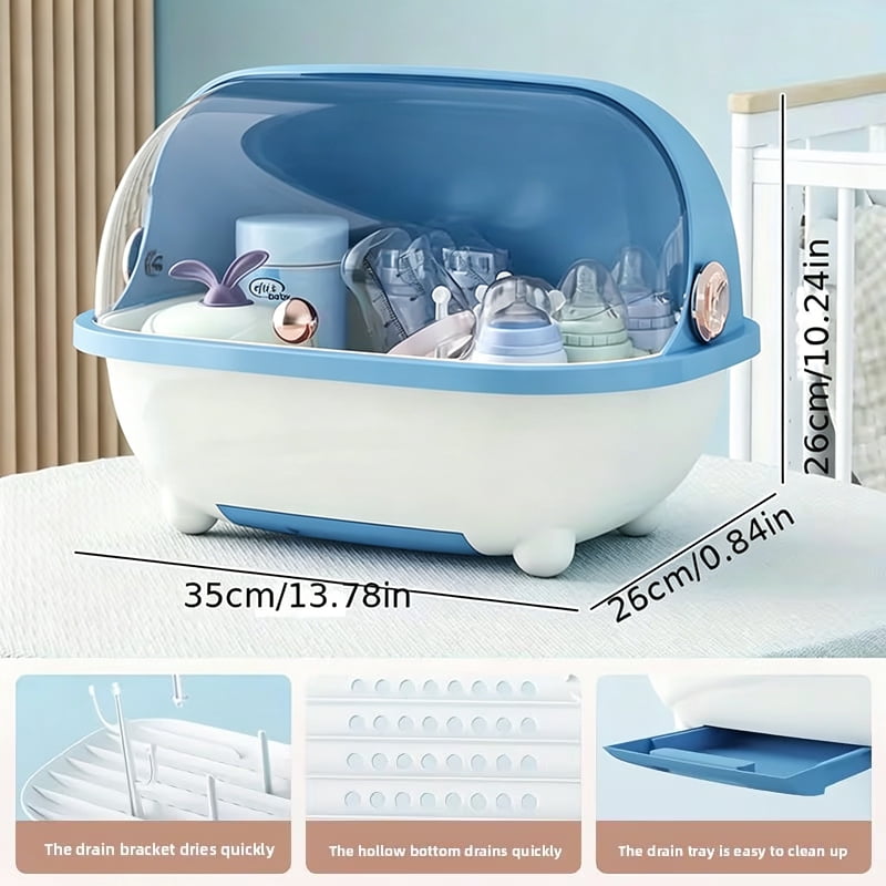 Soluxeo Baby Bottle Drying Rack Storage, Baby Bottle Organizer with Cover ＆ Removable Drain Tray, Dustproof Portable Kitchen Cabinet Organizer, Countertop Dryer