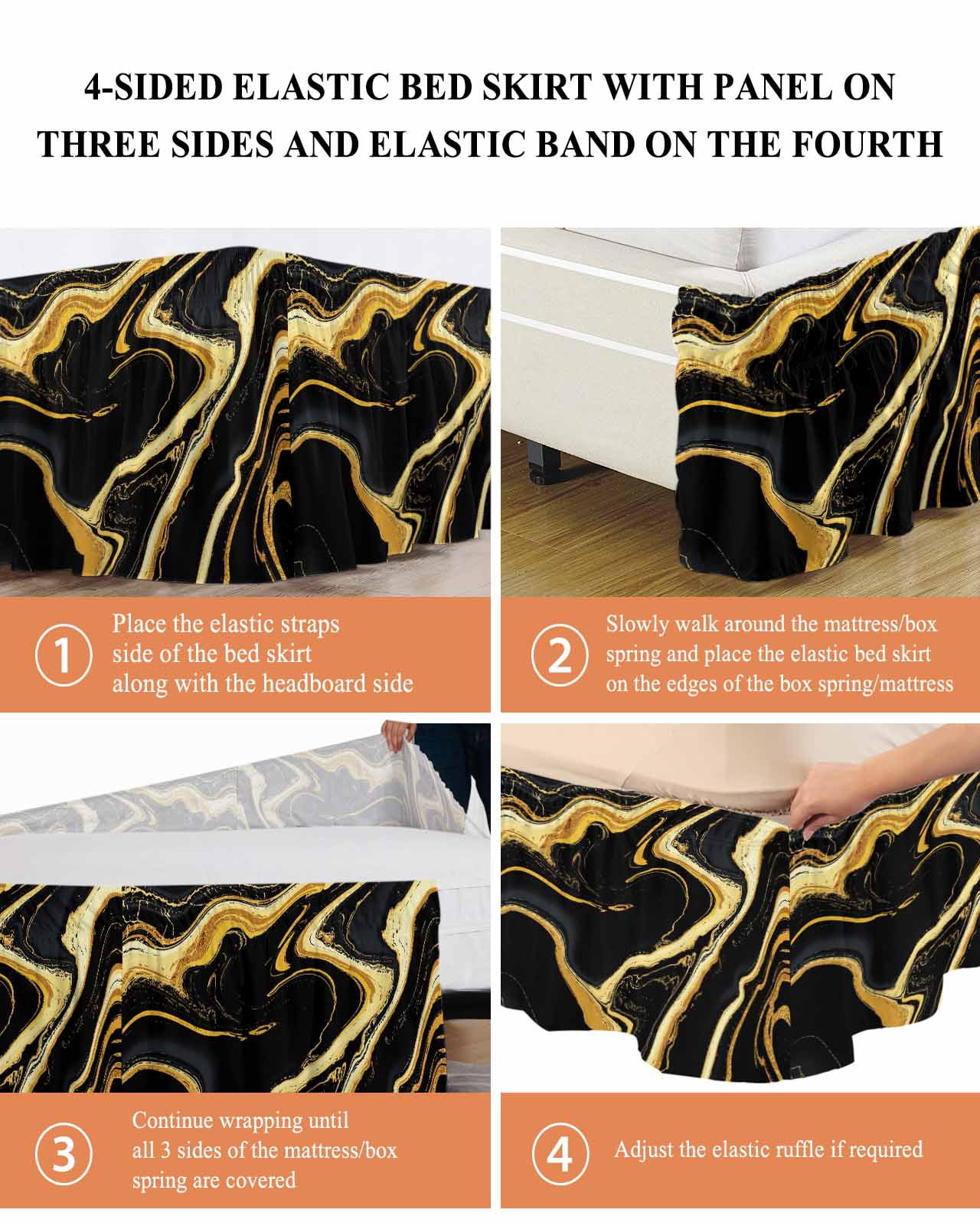Black Gold Bed Skirt Marble Luxury Abstract Glitter Fluid Pattern Bed Skirts Queen Size 18 Inch Drop, Wrap Around Dust Ruffle&nbsp;Bedskirt with Adjustable Elastic Belt for Queen Size Beds