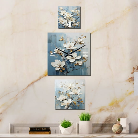 Designart "Serene Elegance of White and Blue Magnolias" Magnolias Oversized Wall Clock - Set Of 3 - Extra large Clock For Office Décor - Large Traditional Wall Clock
