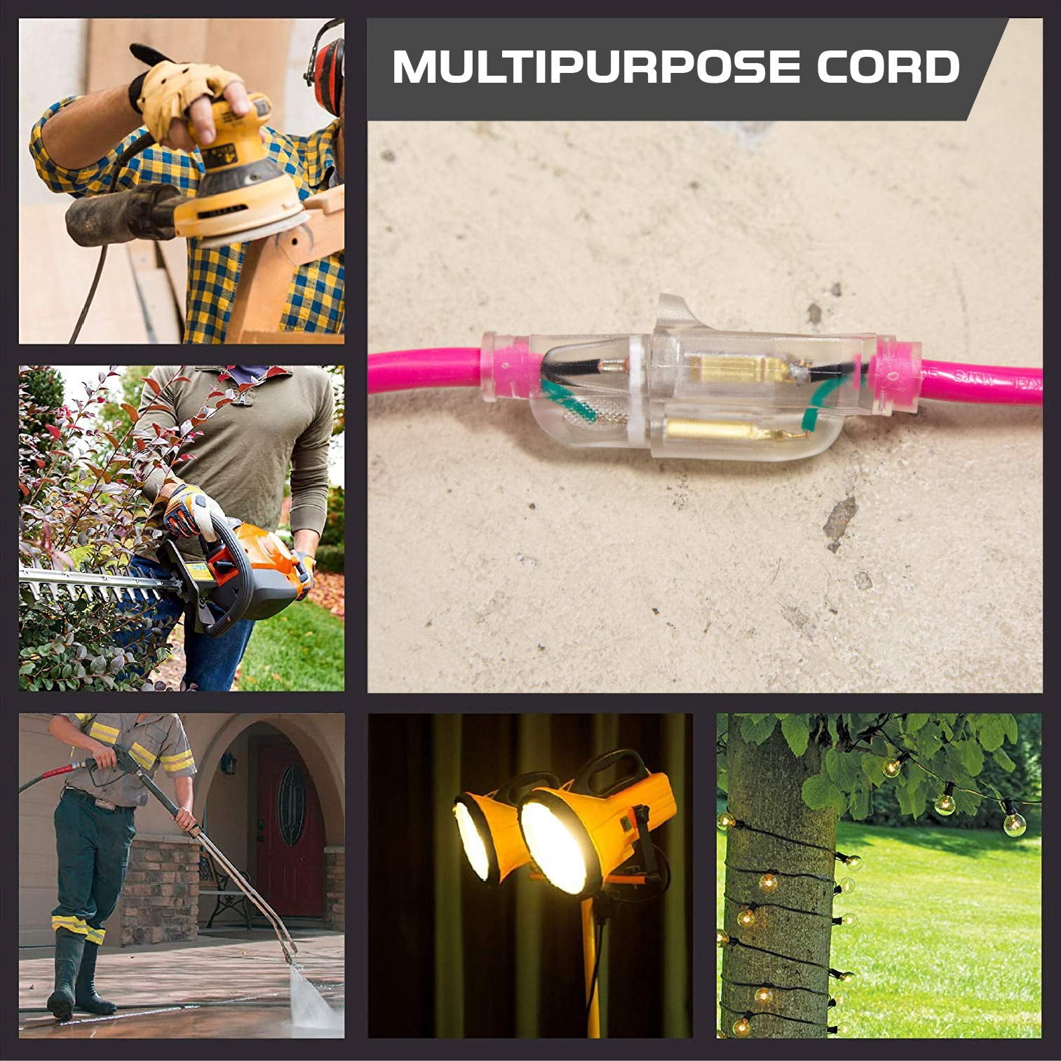 Iron Forge Cable Weatherproof 15 Ft Outdoor Extension Cord - 16/3 SJTW 13 Amp Heavy Duty Neon Pink Extension Cord 3 Prong - Lighted End