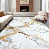 Flatwoven High Traffic Area Rug, Elegant Marble Gold &, Non Slip, Stain Resistant, Washable Area Rugs for Living Room, Bedroom(White, 6X9)