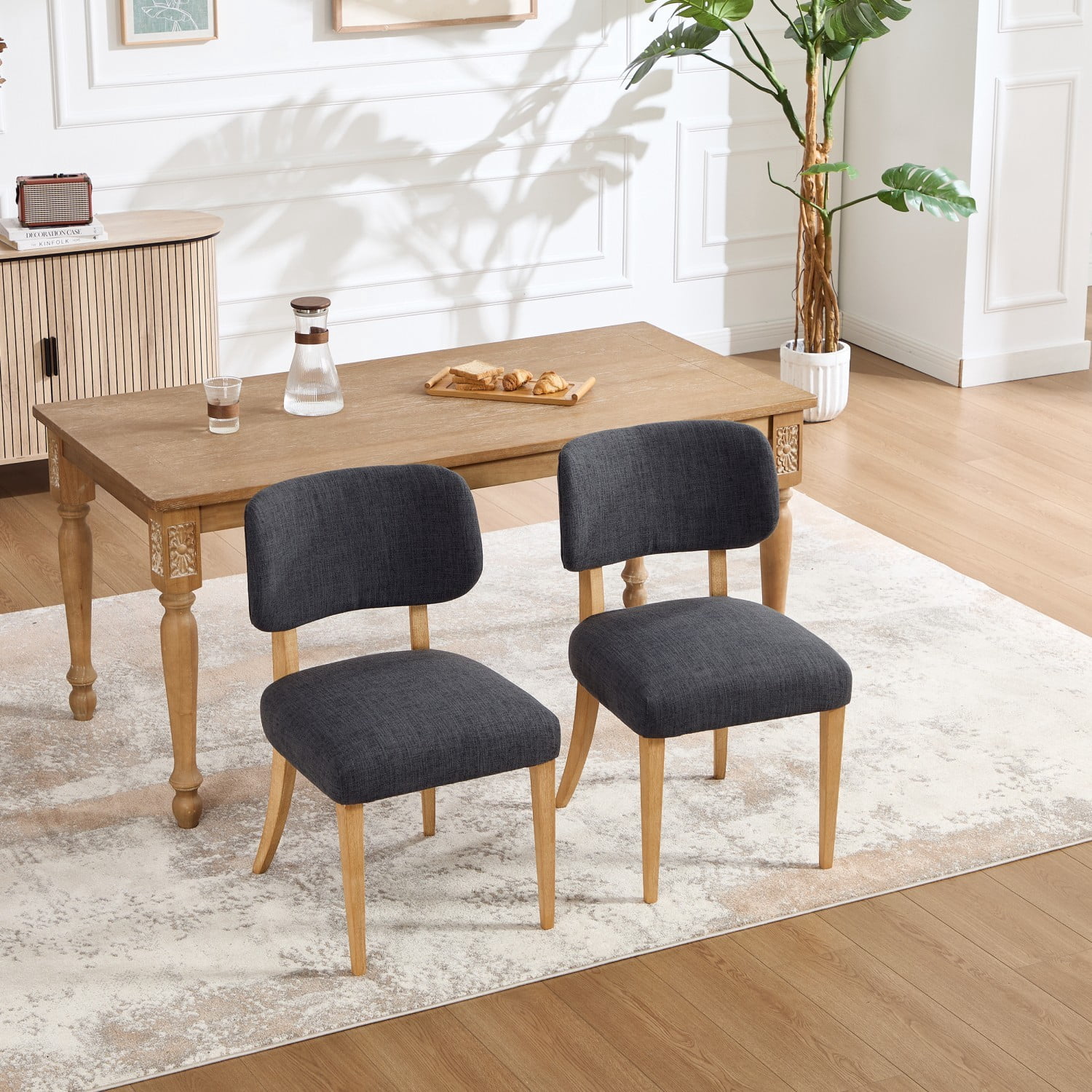 Dining Chairs Set of 2, Modern Fabric Upholstered Wood Kitchen Chairs, Farmhouse Dining Room Chairs for Small Spaces, Dark Grey