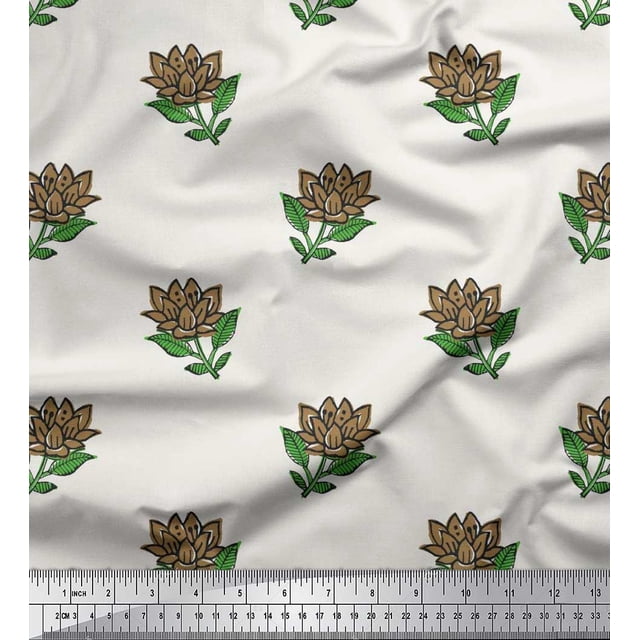 Soimoi Rayon Fabric Leaves & Lotus Block Print Fabric by Yard 56 Inch Wide