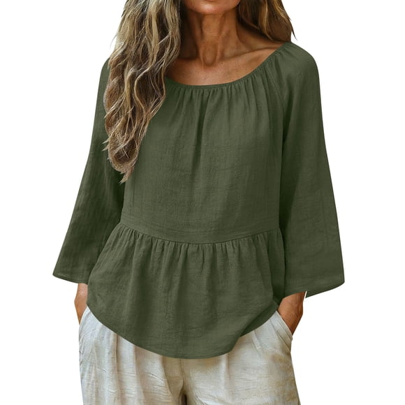 TaTaai Women's Casual Solid Color Cotton Linen Tops 2-in-1 Round Neck 3/4 Sleeve & Short Sleeve Lightweight Soft Comfortable Summer Shirts Gift