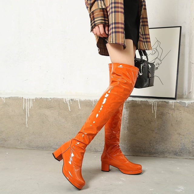 Foreign Trade Candy Color Patent Leather Ladies Back Zipper Thick Heel Round Toe Over-the-knee Boots
