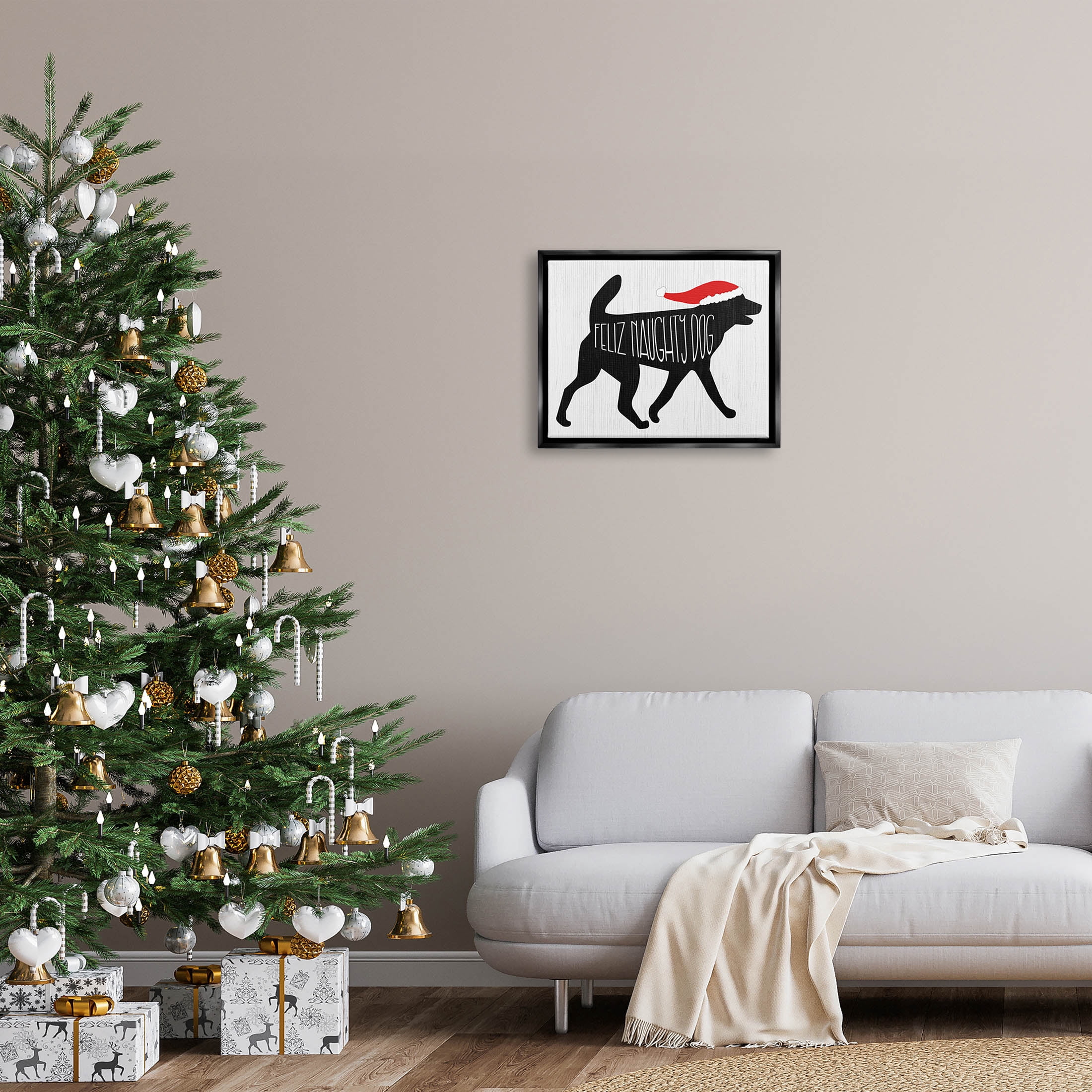 Feliz Naughty Dog Funny Pet Holiday Graphic Art Jet Black Framed Art Print Wall Art