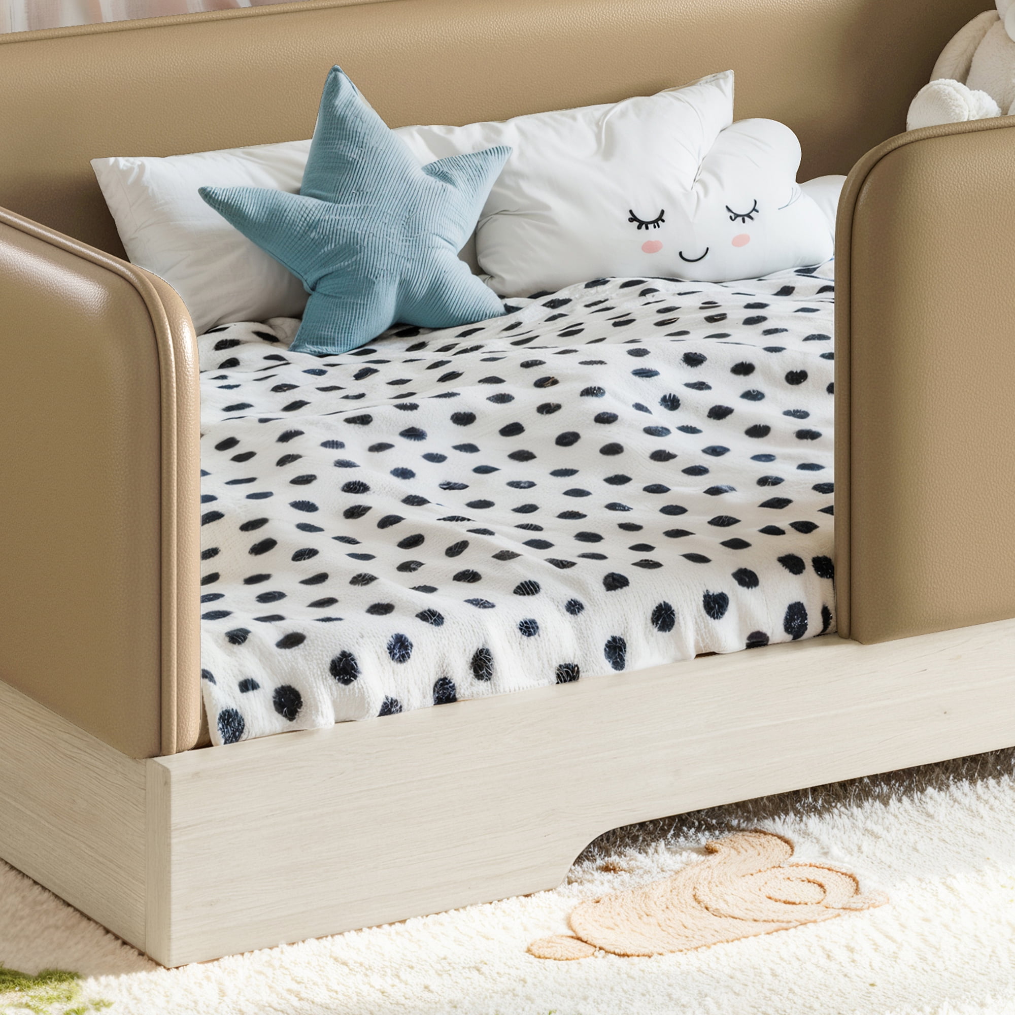 Twin Upholstered Floor Bed 76.38 Inch, Faux Leather Montessori Bed with Removable Guardrails, Low Profile Platform Bed for Kids, Brown