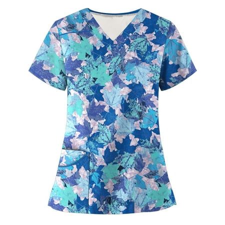 

Womens Nurse Uniforms Summer Floral Print V-Neck Workwear Shirts Short Sleeve Breathable Scrub Tops with Pocket