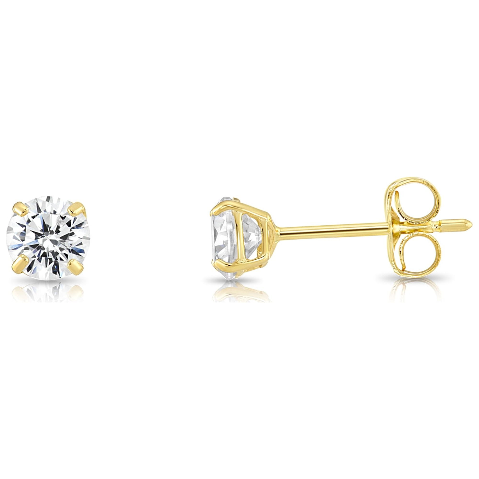 Tilo Jewelry 10K Yellow Gold Solitaire Round CZ Stud Post Earrings with Secure Push-backs | 4mm | Classic Everyday Earrings | Women, Men, Unisex