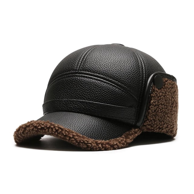 PU Leather Winter Hat for Elderly Men, Windproof Thickened Lining, Ear Protection & Duckbill Design
