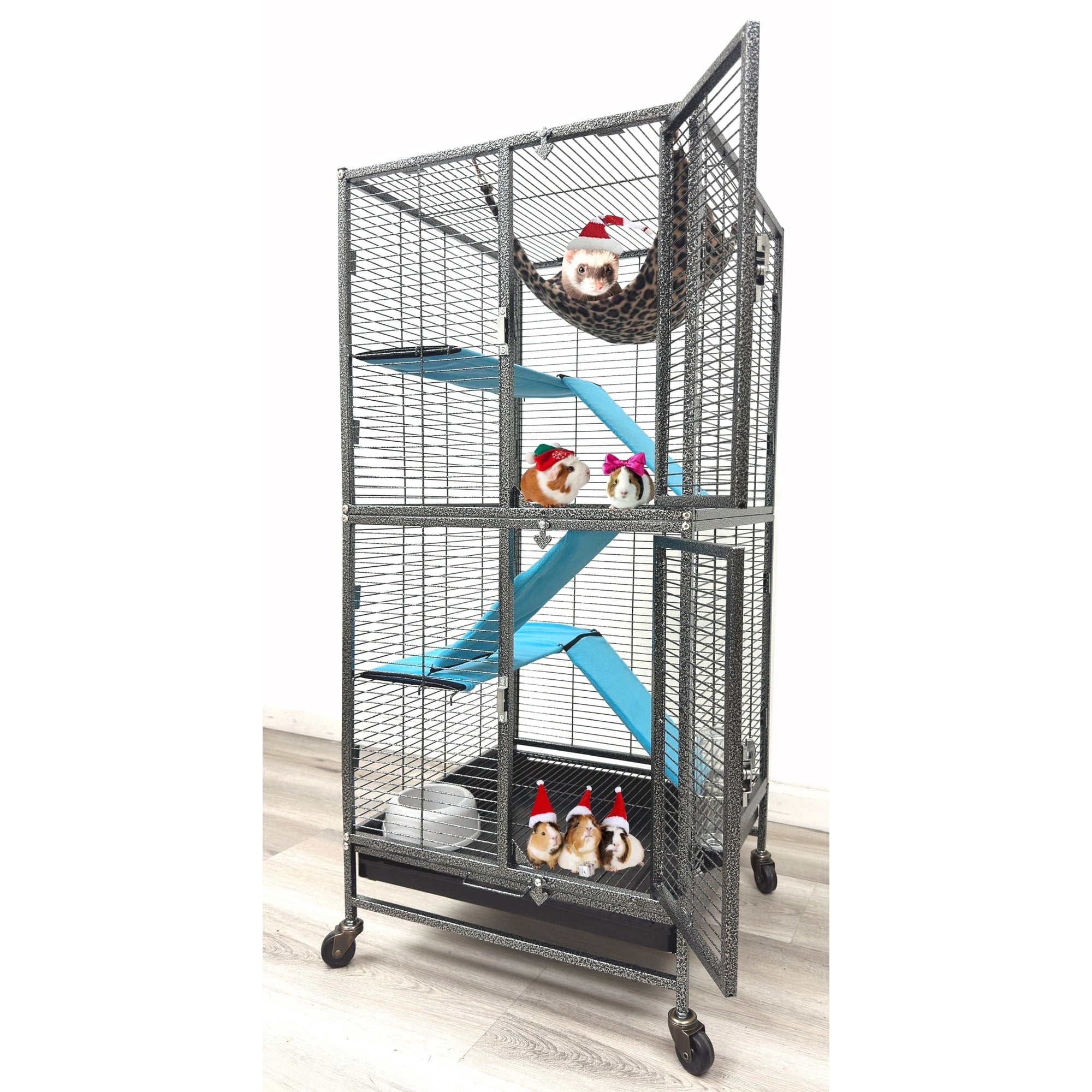 Deluxe Two Story Double Unit 4-Level Small Animal Critter Home Cage Hamster Habitat Mouse Rat Gerbil House Tight 1/2-inch Wire Spacing Rolling Cage for Ferret Hammock Chinchilla Sugar Glider