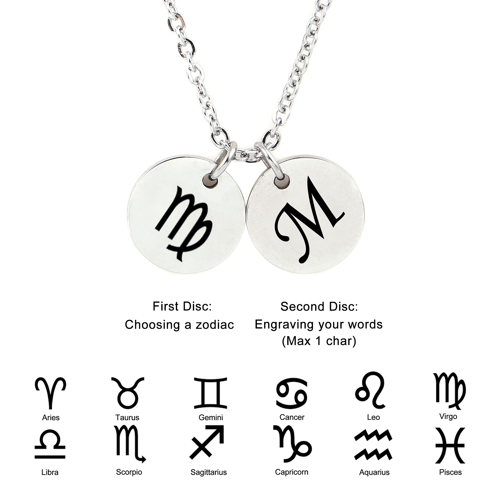 Personalized Round Constellation Initial Necklace - Engraved Zodiac Symbol Jewelry - Christmas Gift for Her - Stainless Steel - 18" Chain - Silver Virgo