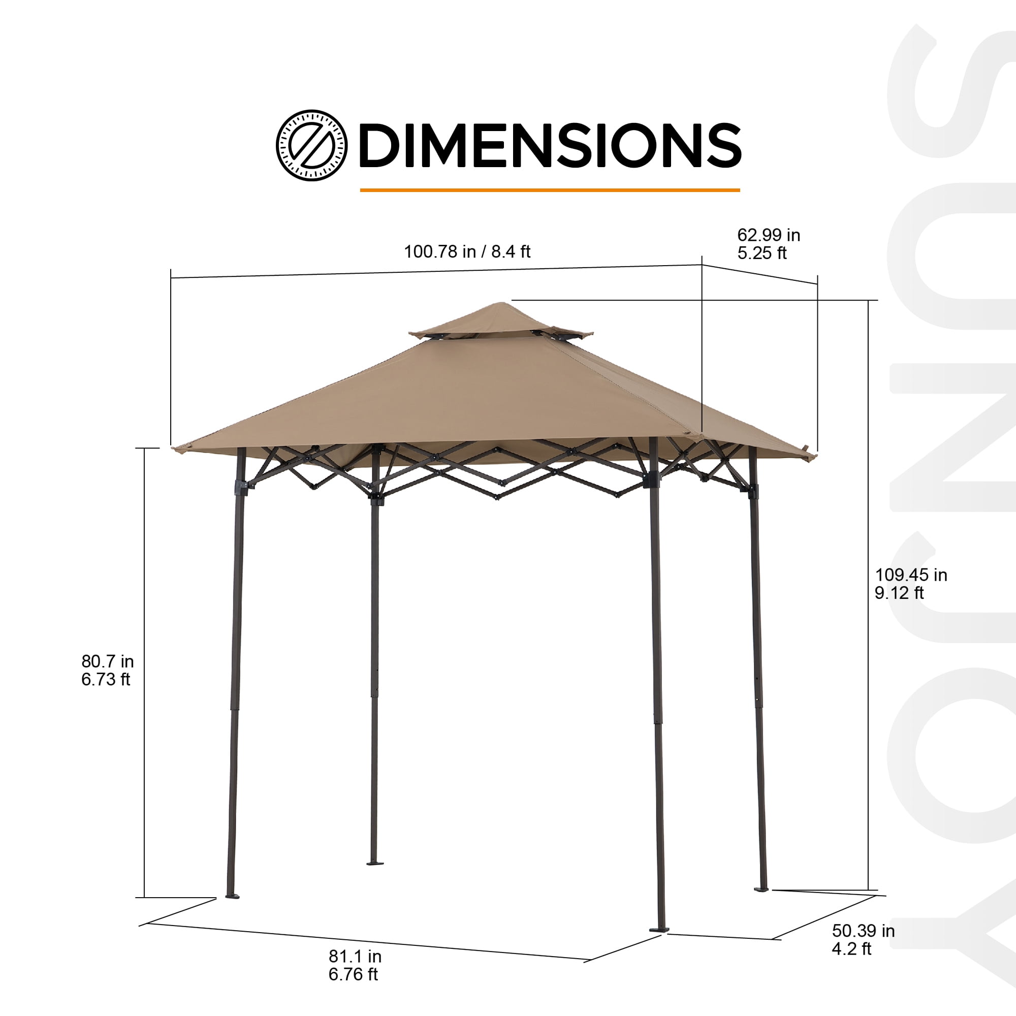SUNJOY 8' x 5' Grill Gazebo Double Tiered Outdoor Gazebo Standing-Height Canopy with Magnetic LED Light, Adjustable Ceiling Height, for BBQ,Picnics, Outdoor Events, Brown