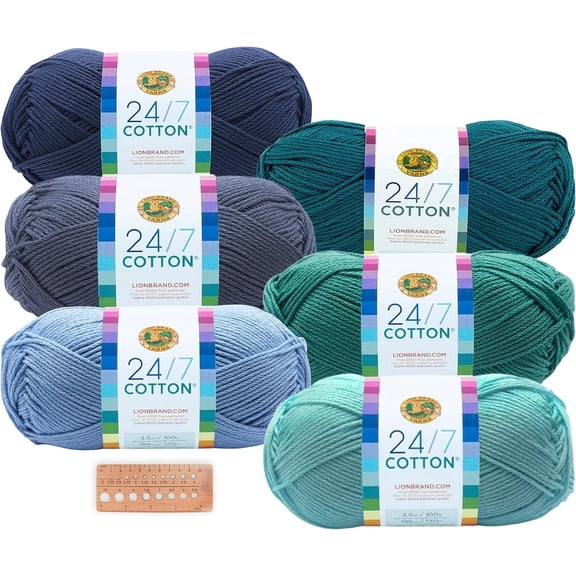 Lion Brand Yarn - 24/7 Cotton - 6 Skein Assortment (Ocean)