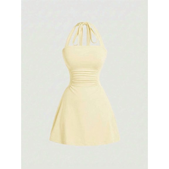 Womens Light Yellow Halter Neck Ruched Waist A-Line Mini Dress