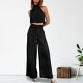 thumbnail image 6 of sunsanly 2 Pcs/Set Women Cro Top Pants Set Sleeveless High Collar Pleated Short Top Solid Color Drawstring High Waist Wide Leg Loose Trousers Set, 6 of 8