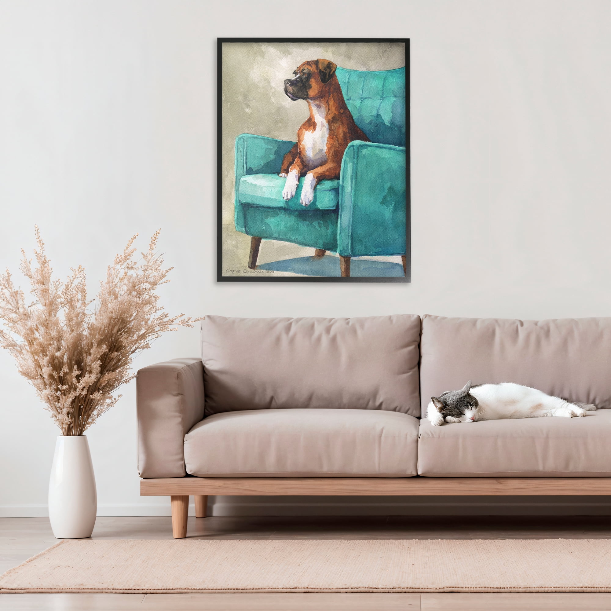 Stupell Industries Majesty Boxer on Armchair Black Framed Giclee Art, design by George Dyachenko