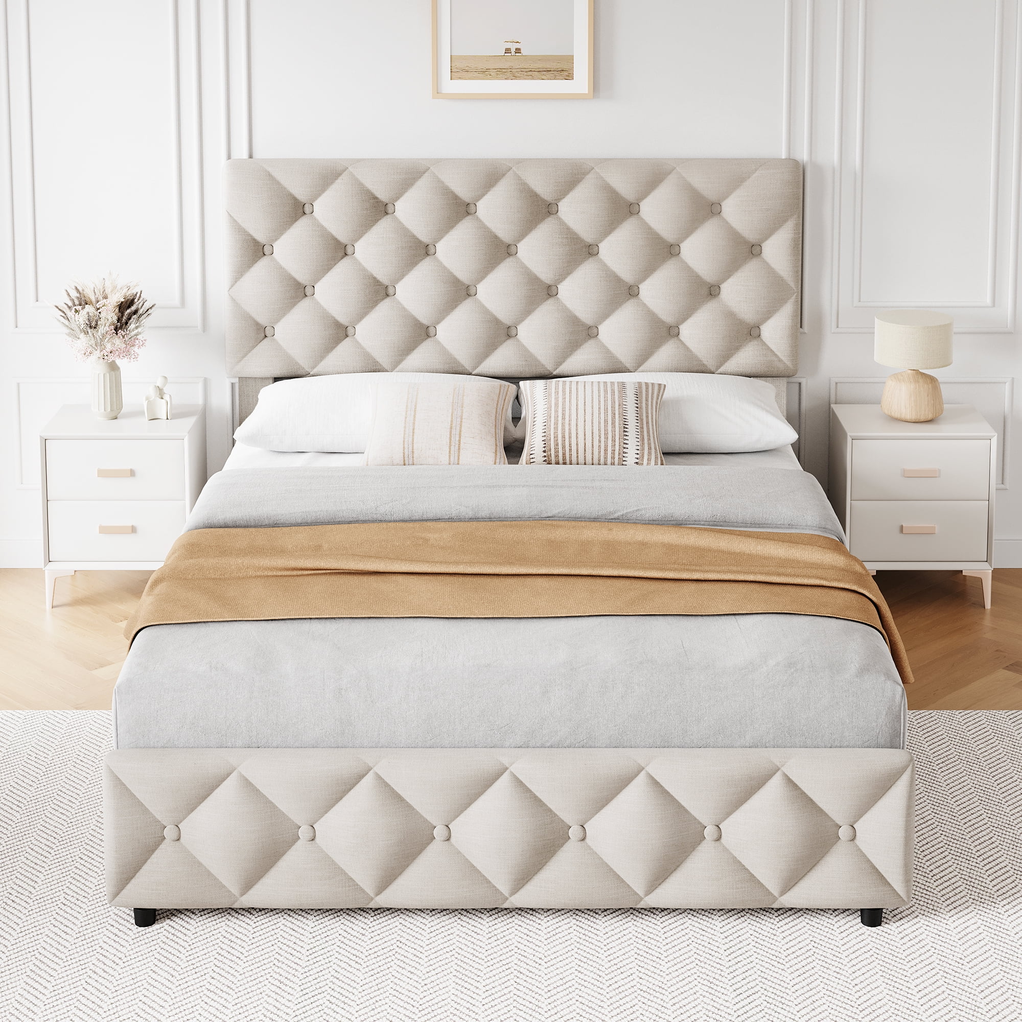 Queen Bed Frame with Headboard Adjustable, Linen Upholstered Size Platform Bed Frame with 4 Drawers, Modern Queen Bedframe, Wooden Slats Supports, No Box Spring Needed, Diamond Stitched Button, Beige