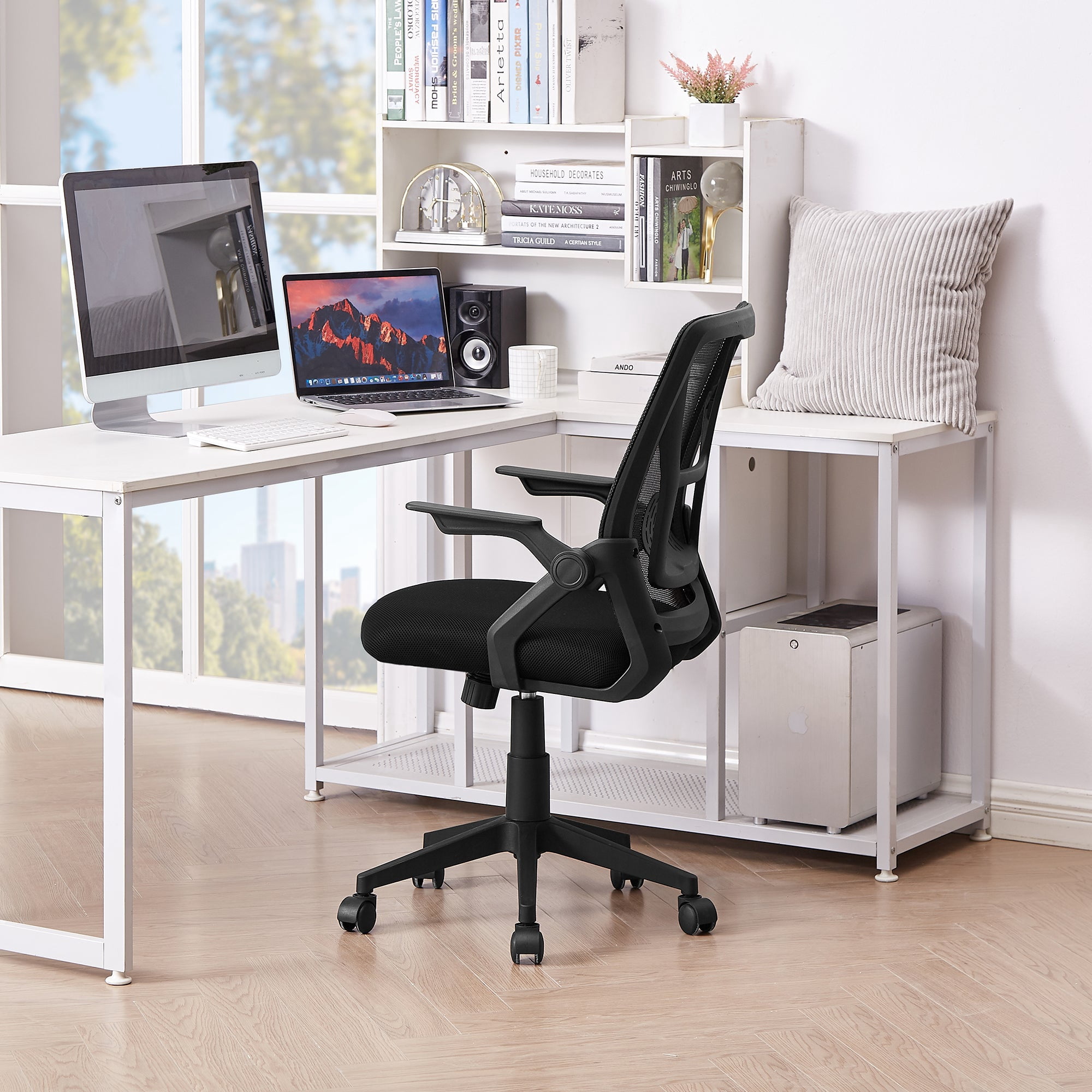 Javlergo Office Chair, Ergonomic Desk Chair Breathable Mesh Chair with Adjustable High Back Lumbar Support Flip-up Armrests, Executive Rolling Swivel Comfy Task Computer Chair, Black