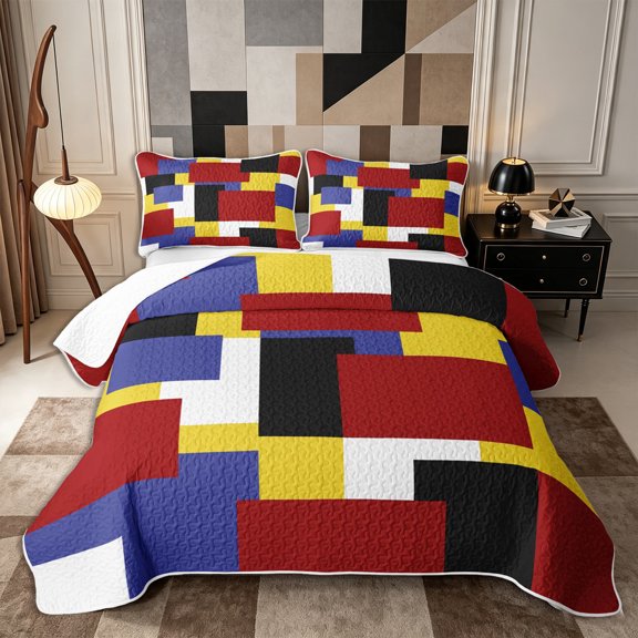 Castle Fairy Mid Century Overlap Rectangle Block Twin Quilt Set 2 Pieces,Geometric Mosaic Twin Coverlet Set,Red Yellow Navy Black,1 Bedspread and 1 Pillowcase