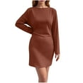 thumbnail image 2 of Cavosen Flowy Dresses for Women Short Brown Long Sleeve Mini Dress Wrap Boat Neck Knee Length Dress Solid Clubwear Casual Trendy Dress Party Vacation Fall Winter Clothes L, 2 of 6