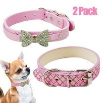 CHBORLESS 2 Pack PU Leather Dog Collar Shiny Diamond Bow Puppy Collar,Pink,L