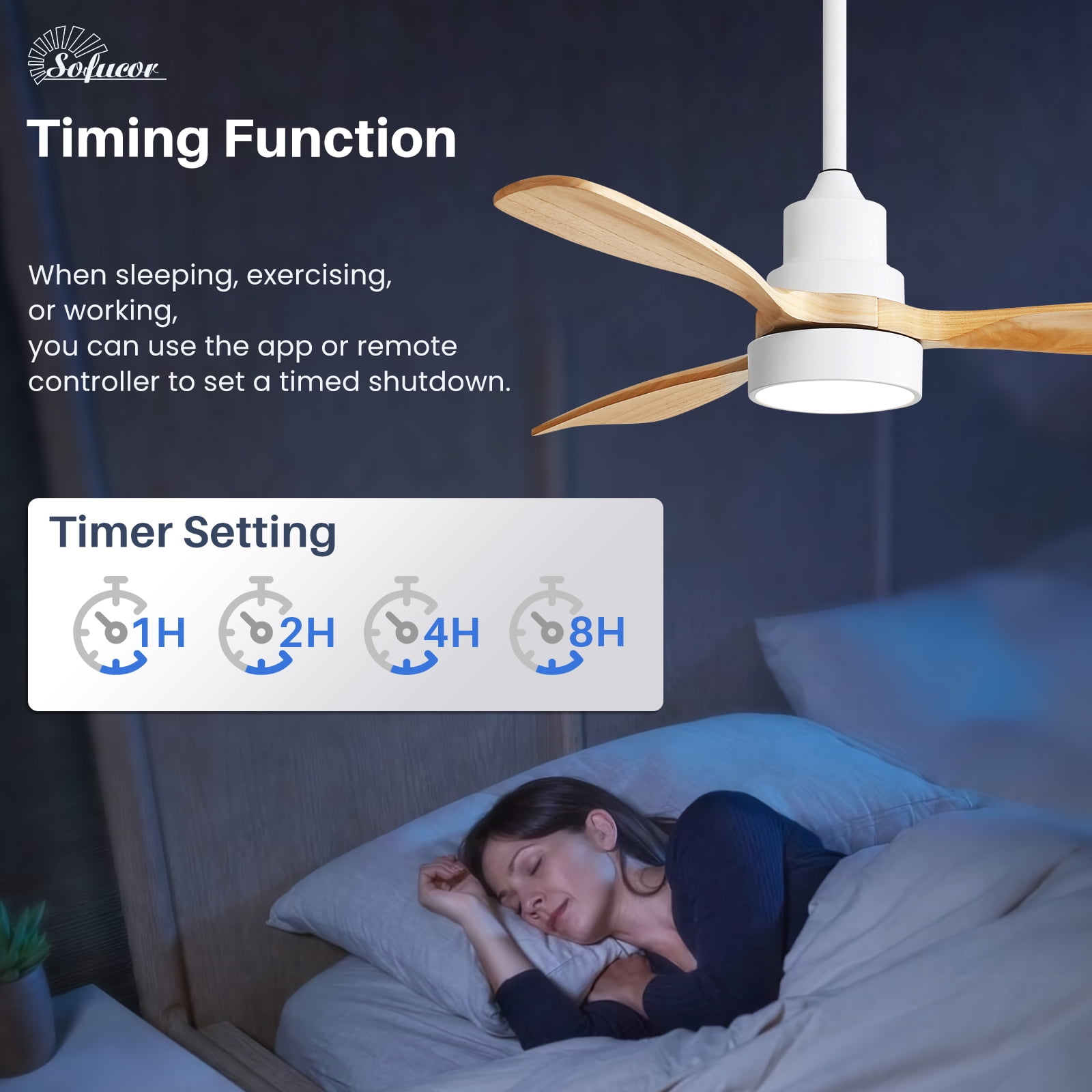 Sofucor 48 Inch Smart Ceiling Fan with Lights and Remote/APP Control, Compatible with Alexa/Google, 3 Blade White Solid Wood