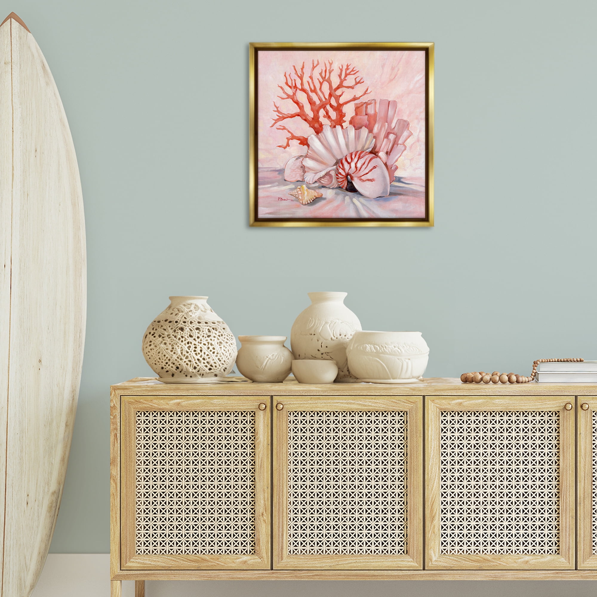 Stupell Industries Pink Coral Still Life Animals & Insects Painting Gold Floater Framed Canvas Art Print Wall Art, 25 x 25