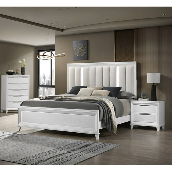 3Pc White Finish King Size Bedroom Set LED Light HB Bed Chest Nightstand Wooden Bedroom Furniture